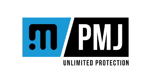 Immagine del logo PMJ scritto in bianco e dello slogan con icone blu e nere.